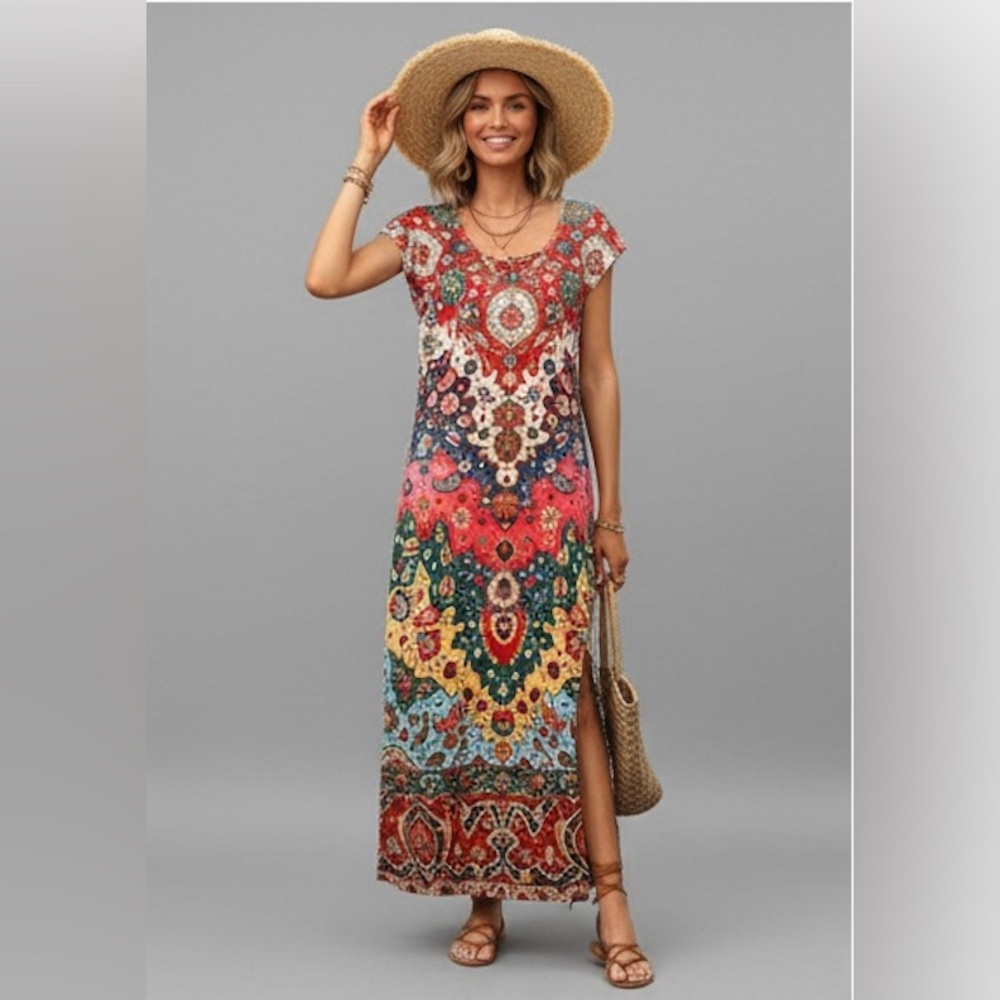 Boho Multi Color Geo Print Maxi Dress